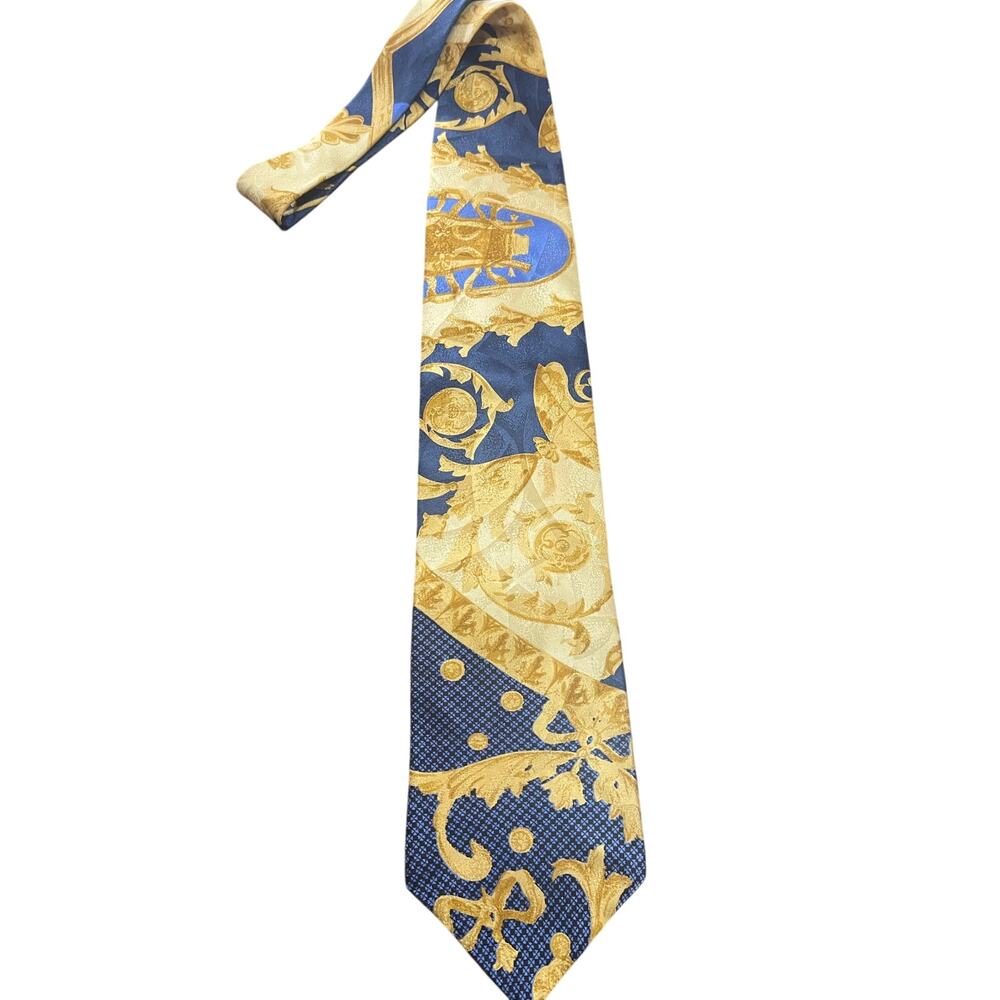 Vintage Silk Tie | Men's Navy Gold Ornate Pattern Necktie
